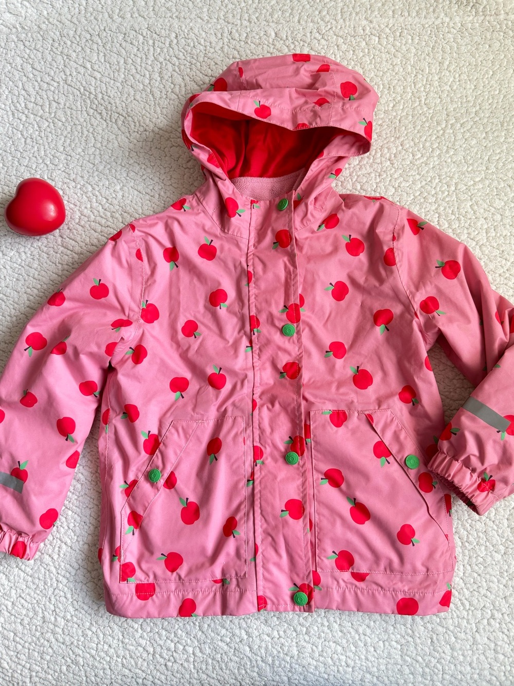 Mini Boden Pink Raincoat with Red Apple Print